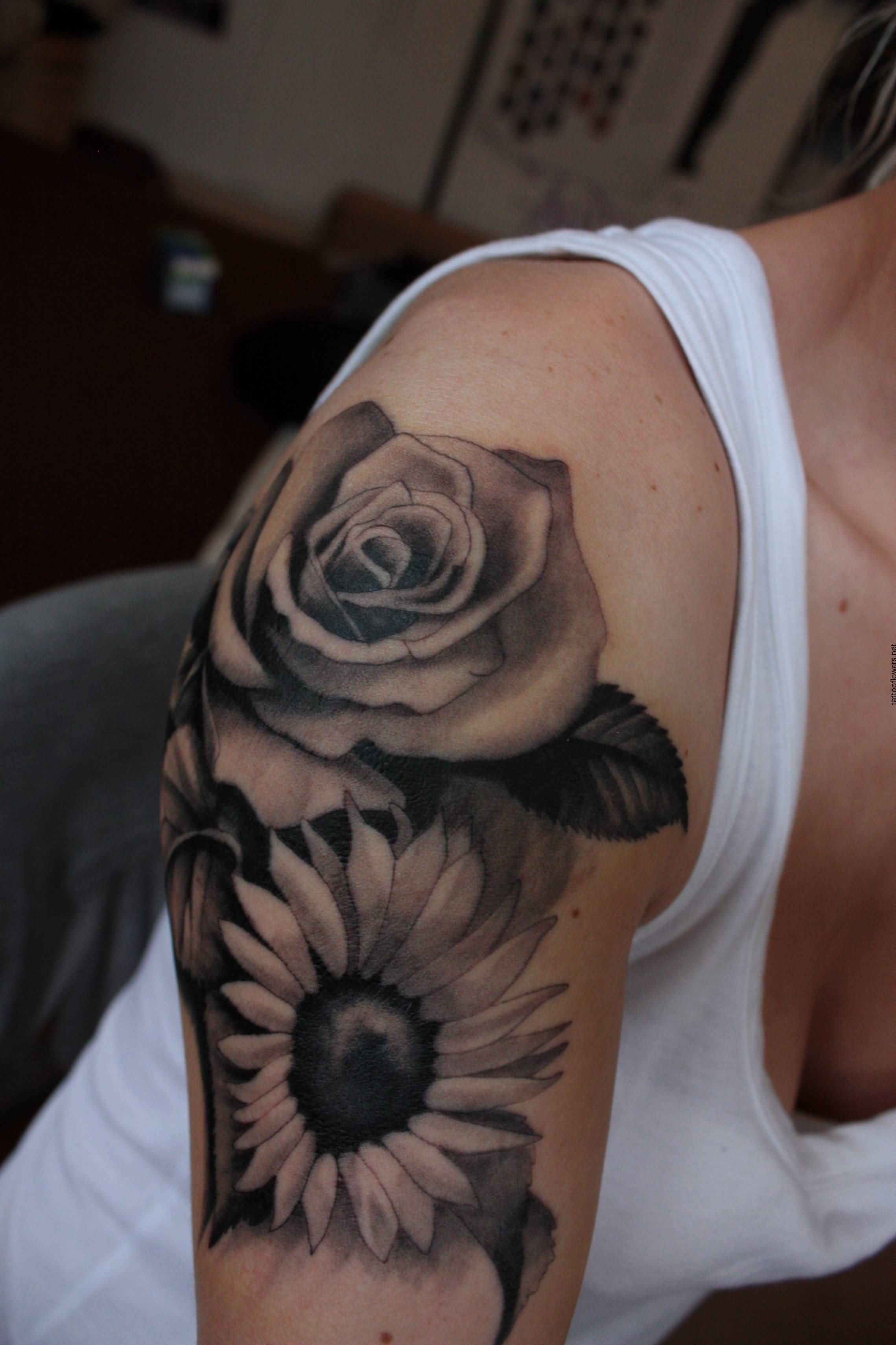 Right Half Sleeve Rose Flower And Realistic Sunflower Tattoo