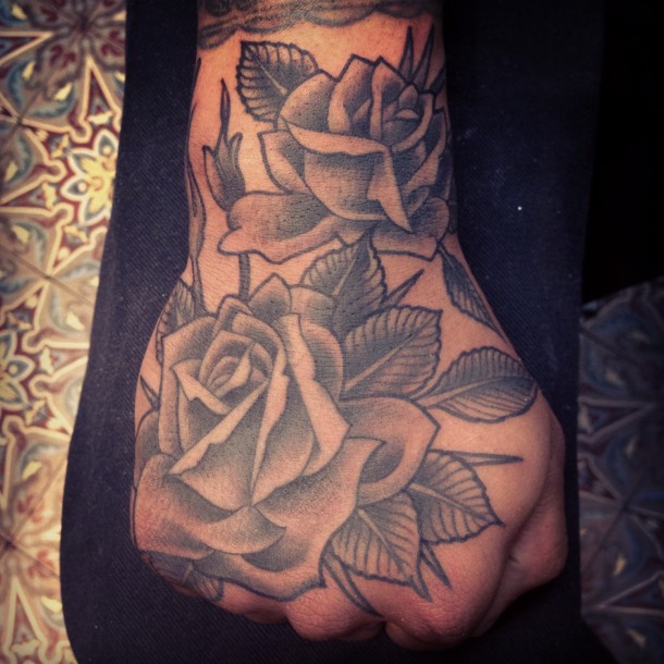 Right Hand Grey Rose Tattoo On Hand For Women