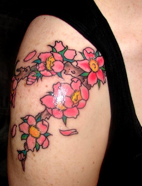 Right Shoulder Cherry Blossom Flowers Tattoo On Right Shoulder