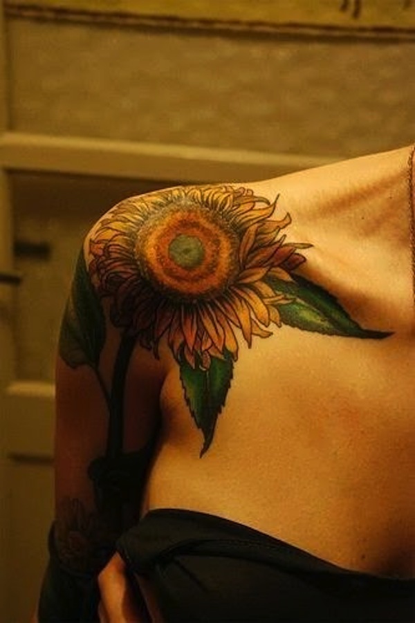 Right Shoulder Realistic Sunflower Tattoo