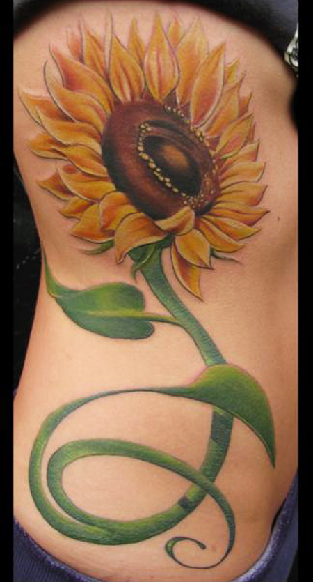 Right Side Rib Realistic Sunflower Tattoo