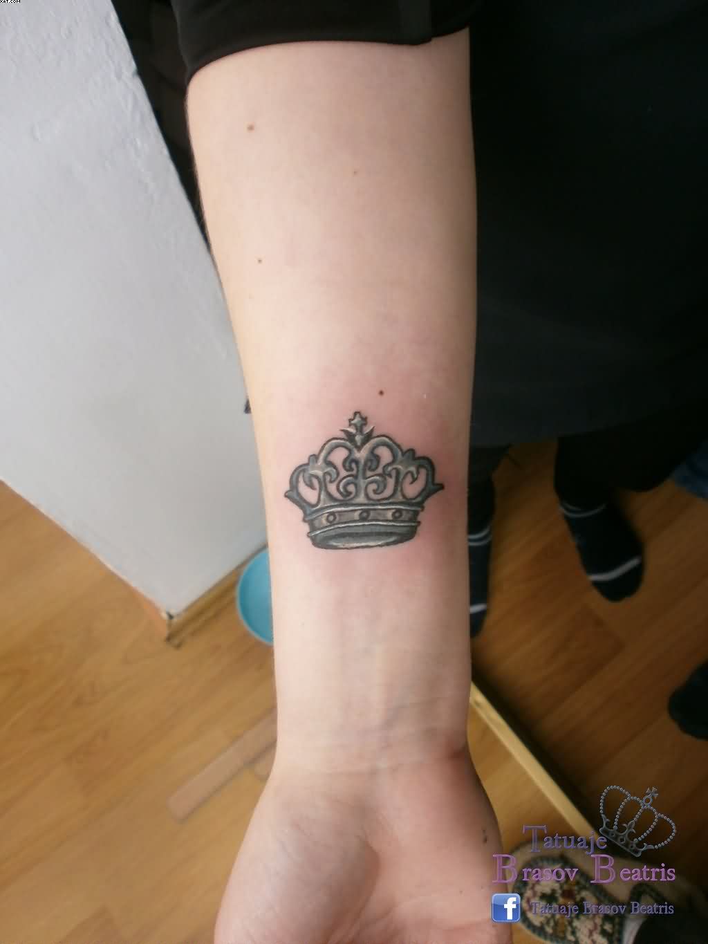 Right Wrist Black And Grey Crown Tattoo