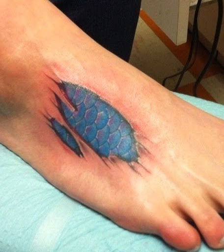 Ripped Skin Mermaid Scale Tattoo On Right Foot
