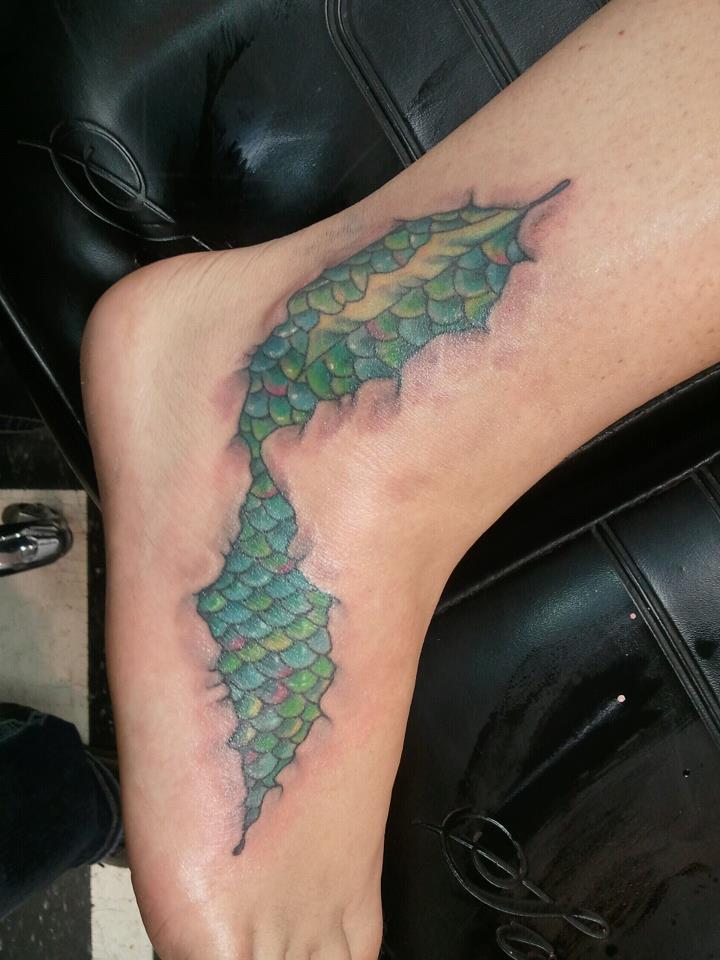 Ripped Skin Mermaid Scale Tattoo On Side Foot