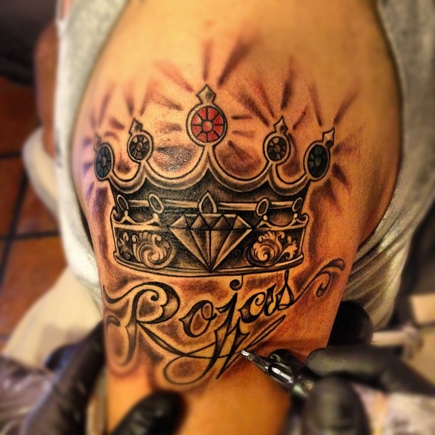 Rojas Crown Tattoo On Left Shoulder For Men