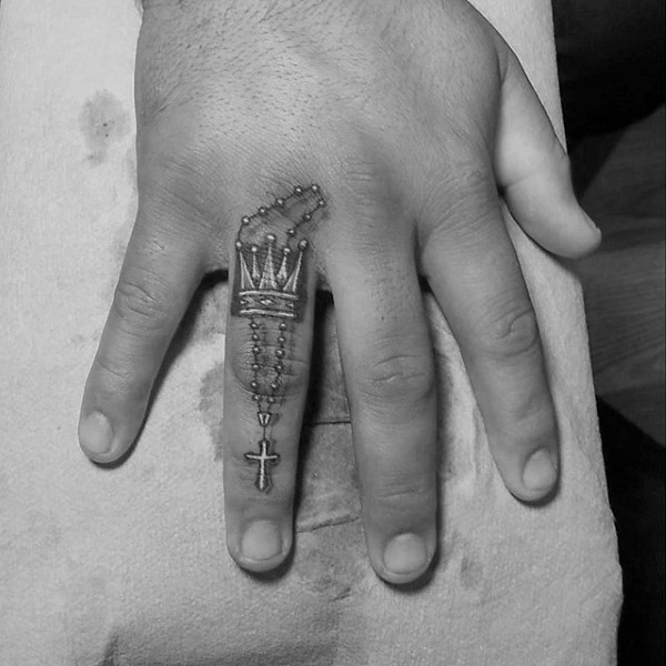 Rosary Cross And Crown Tattoo On Finger