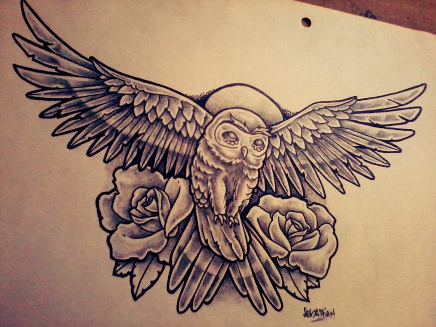 Rose Flowers And Flying Owl Tattoo Design