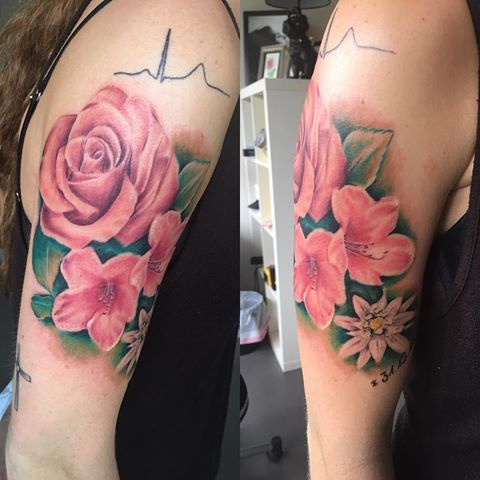 Rose With Rhododendron Flowers Tattoo On Girl Right Half Sleeve
