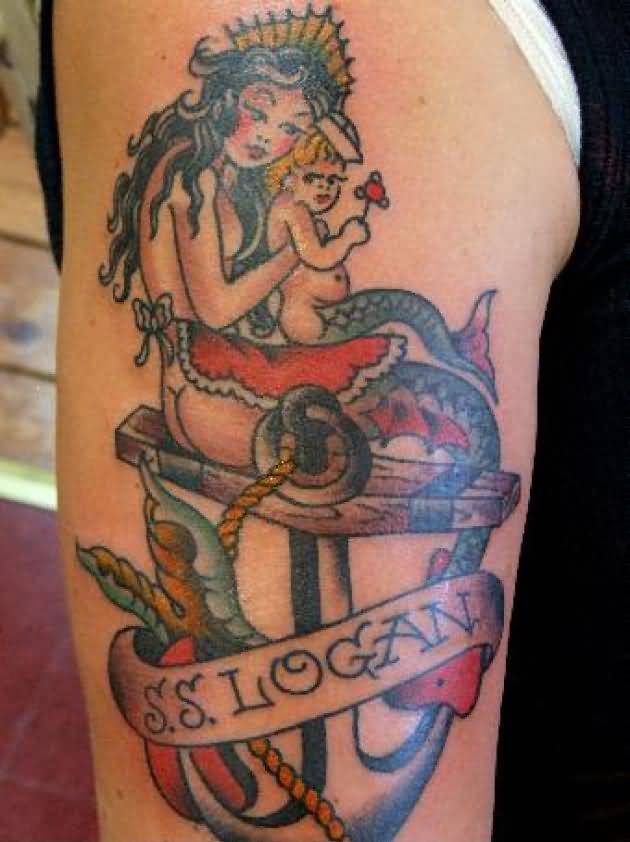 S.S ogan Banner And Anchor Mermaid Tattoo On Half Sleeve