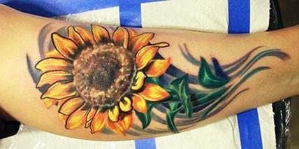 Side Leg Realistic Sunflower Tattoo