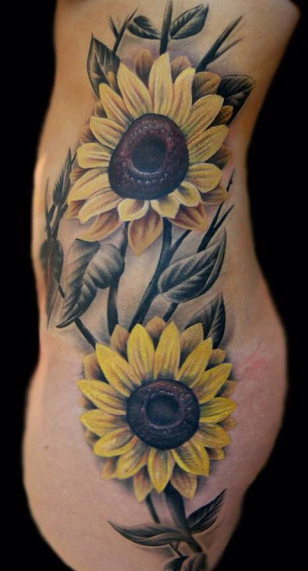 Side Rib Realistic Sunflower Tattoo Idea