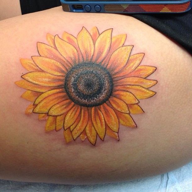 Side Thigh Realistic Sunflower Tattoo