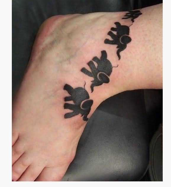 Silhouette Elephant Family Tattoo On Right Foot