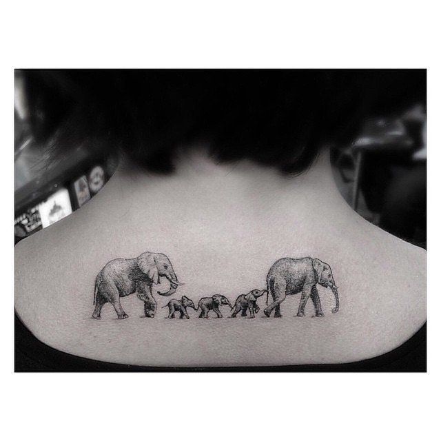 Simple Black And Grey Elephant Family Tattoo On Upper Back