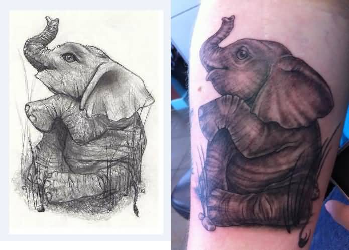Simple Black Ink Baby Elephant Tattoo Design For Sleeve