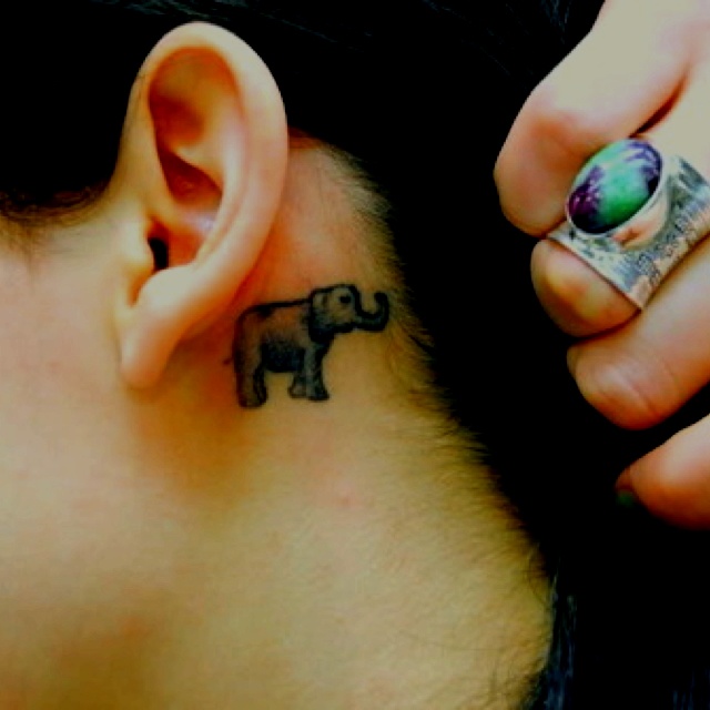 Simple Black Ink Elephant Tattoo On Left Behind The Ear