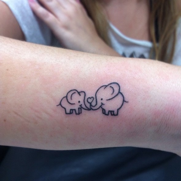Simple Black Outline Two Baby Elephants With Heart Tattoo On Arm