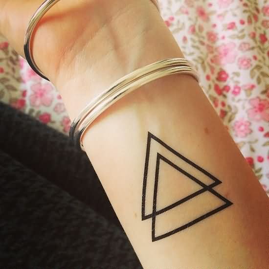 Simple Black Outline Two Triangle Tattoo On Girl Right Forearm