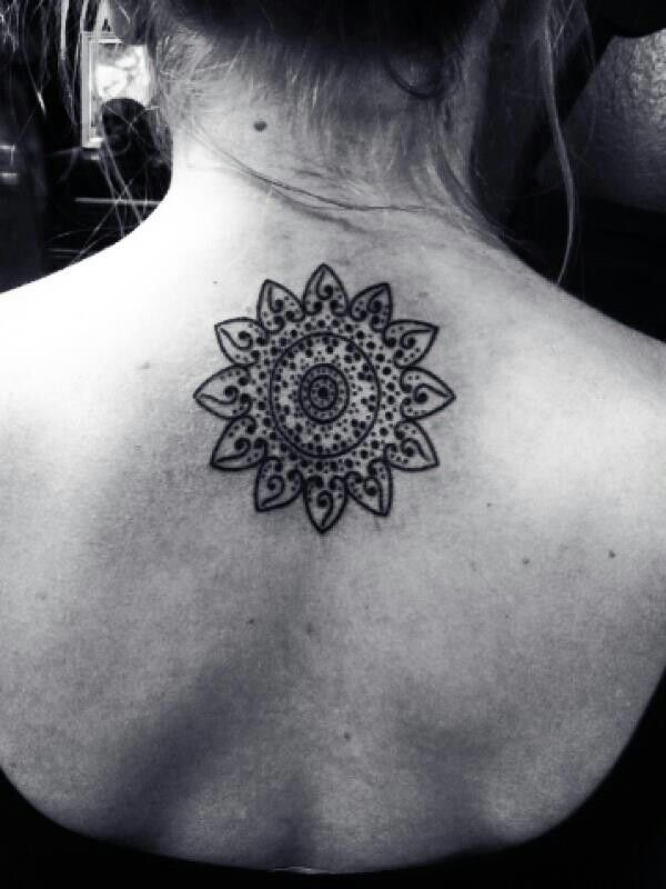 Single Realistic Sunflower Tattoo Om Upper Back