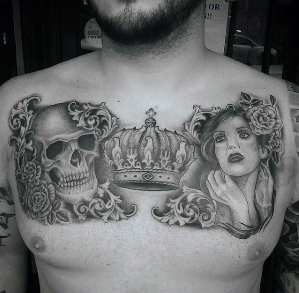 Skull And Lady Crown Tattoo On Man Chest