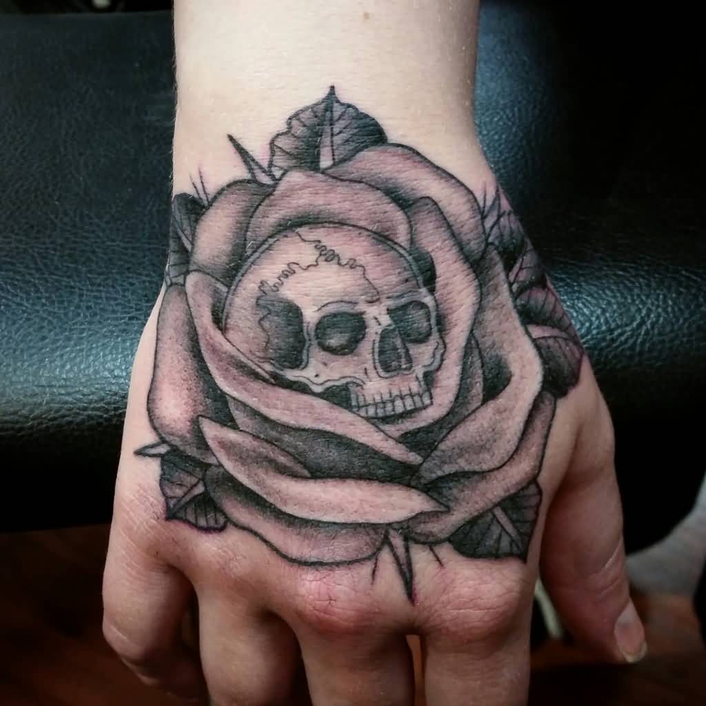 Skull And Rose Flower Hand Tattoo For Women