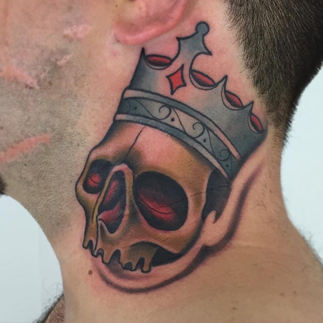 Skull With Crown Tattoo On Side Neck