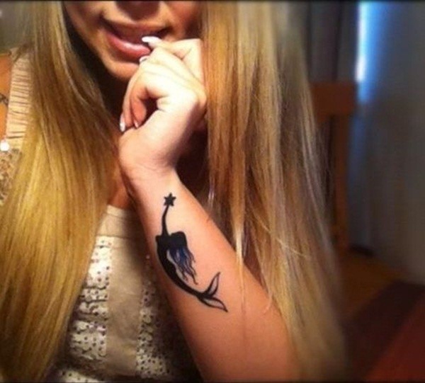 Small Black Mermaid Tattoo On Left Arm For Girls
