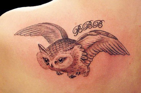 Small Flying Owl Tattoo On Back Shoulder