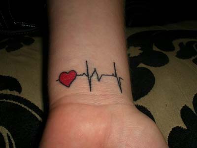 Small Red Heart And Heartbeat Tattoo On Wrist For Men