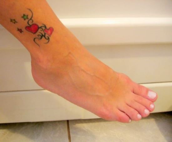 Small Stars And Red Hearts Ankle Tattoo