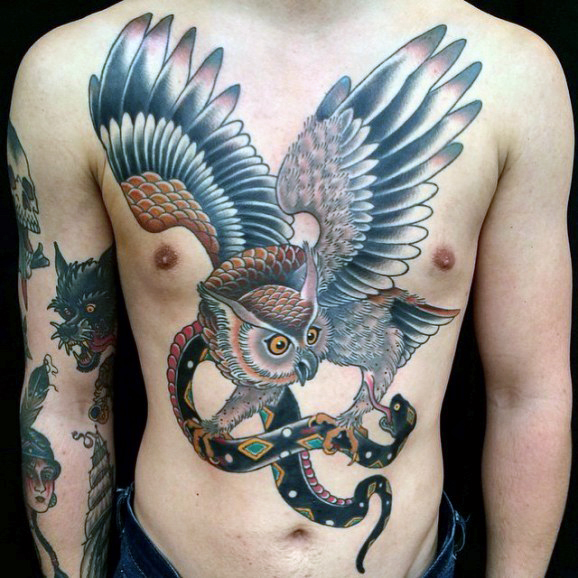 Snake In Owl Claws Flying Owl Tattoo On Man Body