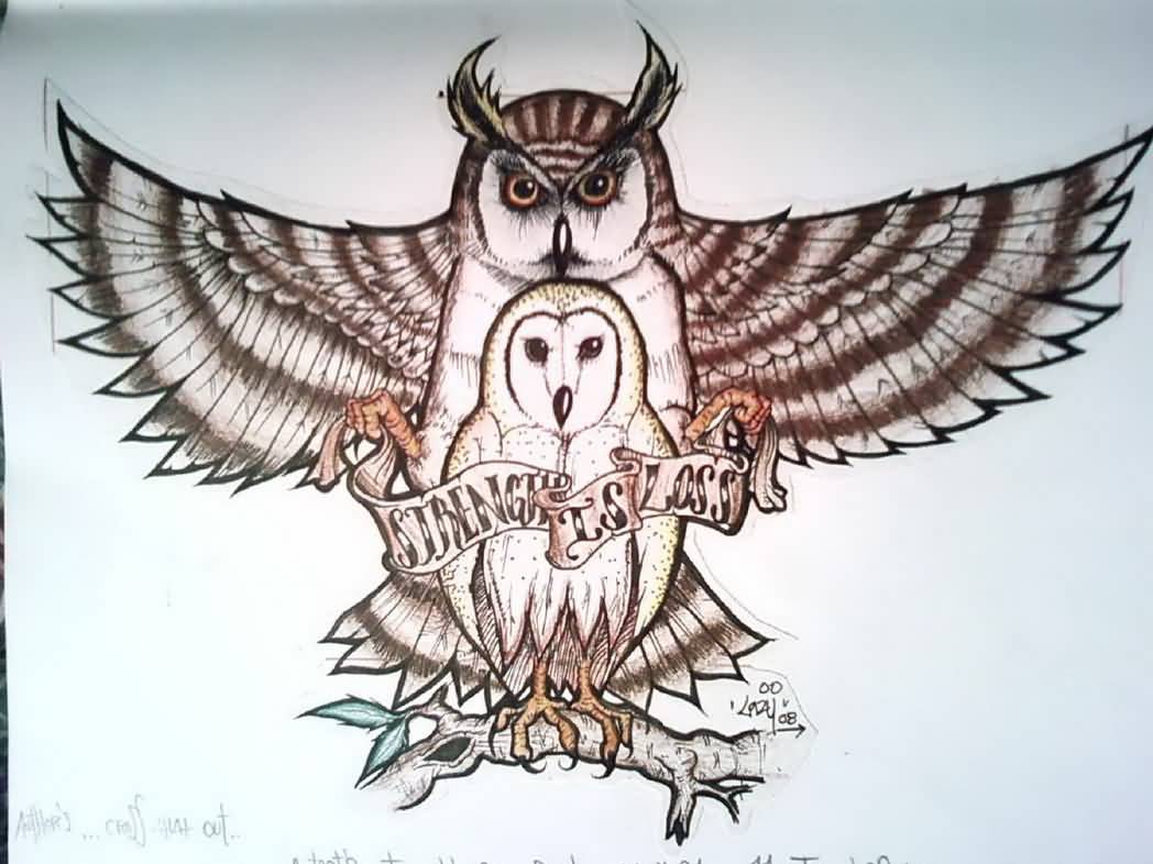 Strength Is Loss Banner Flying Owl Tattoo Design