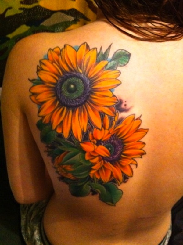 Sunflower Tattoos On Left Back Shoulder