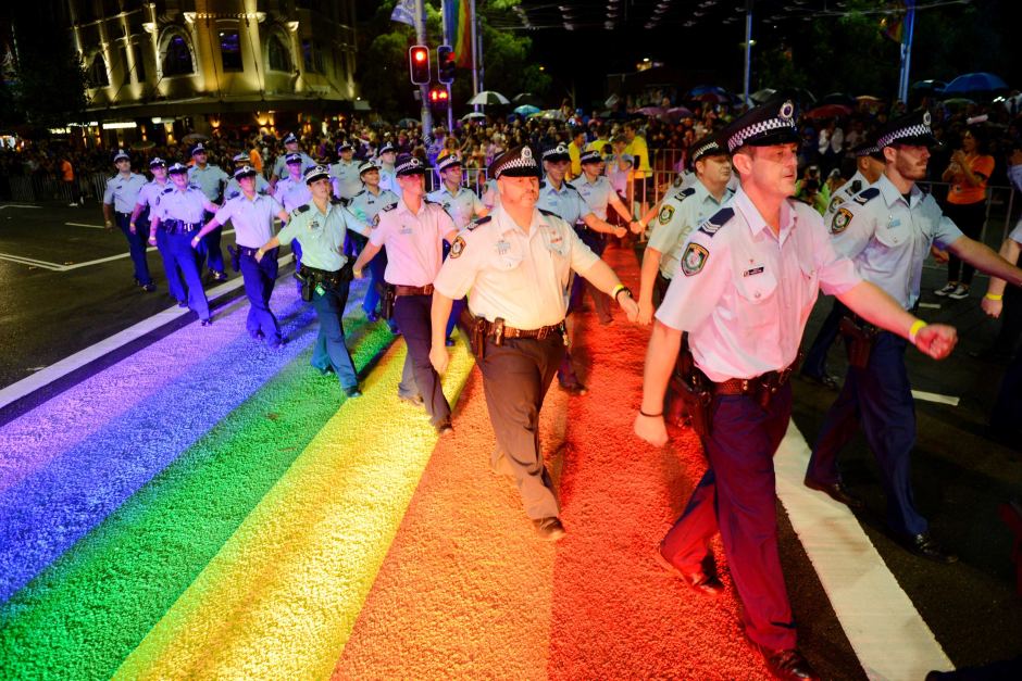 Sydney Police Guards Walking On Rainbow Raod During Mardi Gras Parade