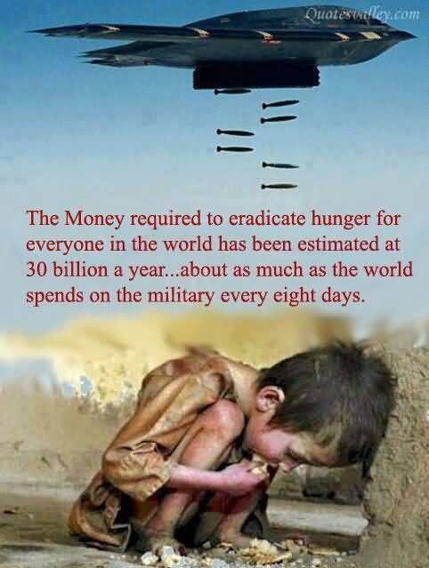 The Money required to eradicate hunger for everyone in the world has been estimated at 30 billion a year...about as much as the World spends on the military every eight days.