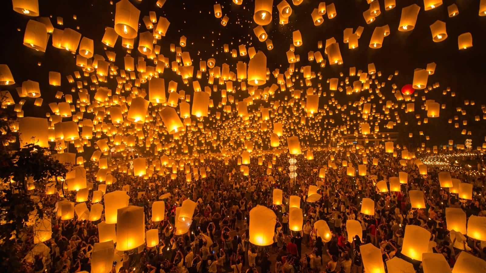 Thousands Of Lanterns In Sky During Yi Peng Lantern Festival Celebration