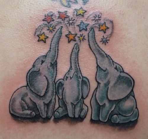 Three Baby Elephants With Stars Tattoo Design