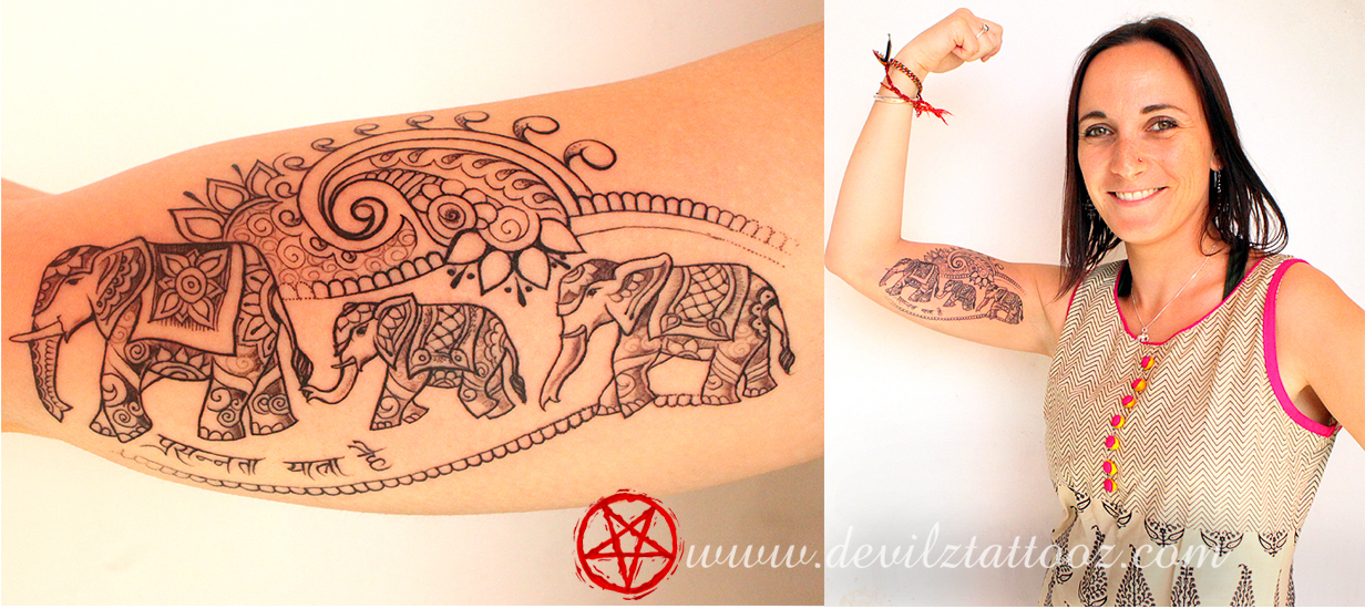 Three Henna Elephants Tattoo On Girl Left Bicep