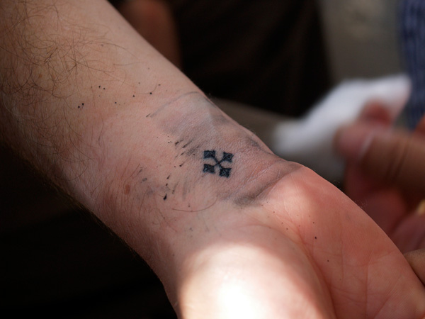 Tiny Cross Tattoo On Right Wrist for Men