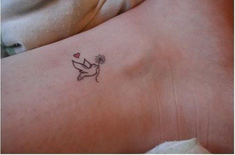 Tiny Red Heart And Dove Ankle Tattoo