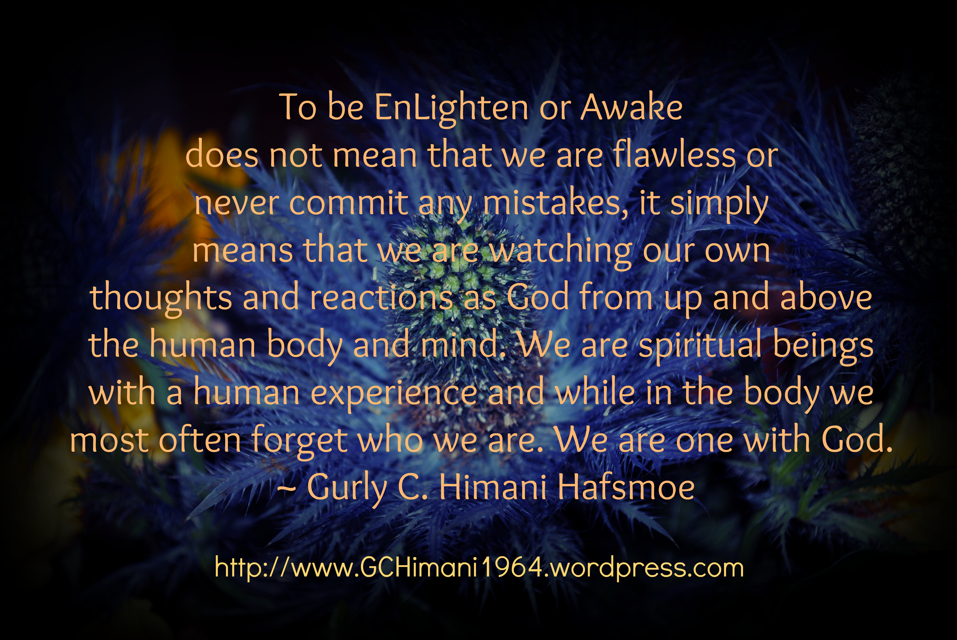 To be EnLighten or Awake does not mean that we are flawless or never commit any mistakes, it simply means that we are watching our own thoughts and reactions... Gurly C. Himani Hafsmoe