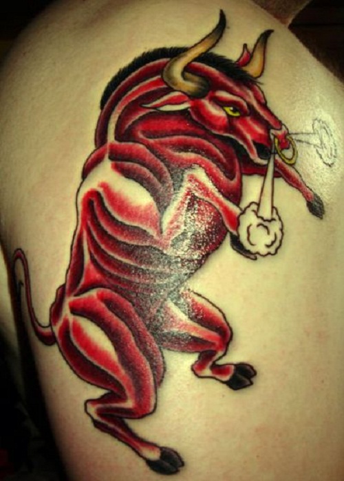 Traditional Angry Bull Tattoo On Shoulder