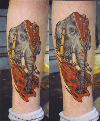 Traditional Asian Elephant Tattoo Design For Leg