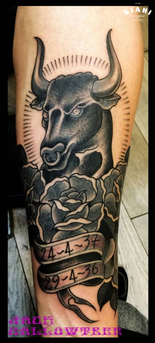 Traditional Black Work Bull Tattoo By Jack Gallowtree