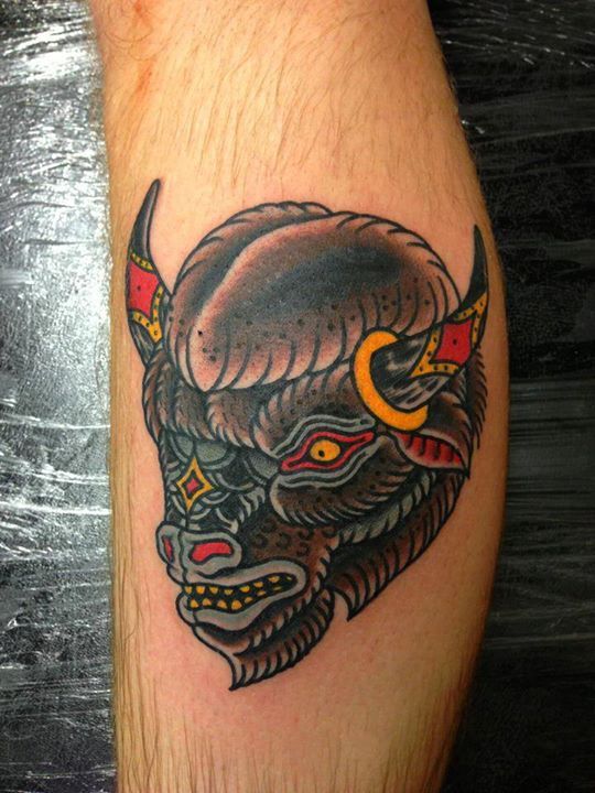 Traditional Bull Head Tattoo On Leg