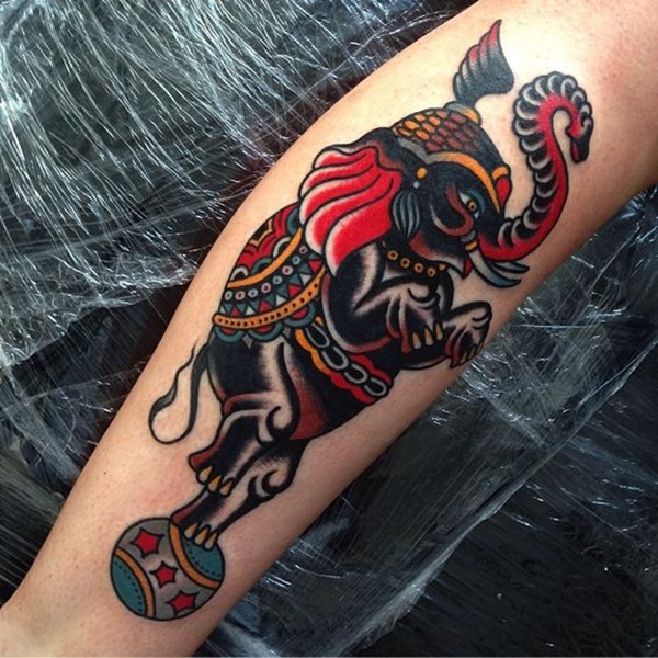 Traditional Circus Elephant On Ball Tattoo Design For Leg By Luke Jinks Lukejinks