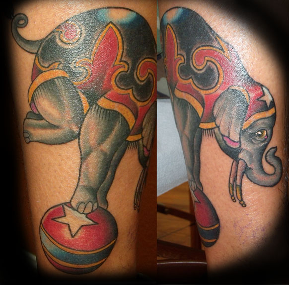 Traditional Circus Elephant On Ball Tattoo Design For Sleeve