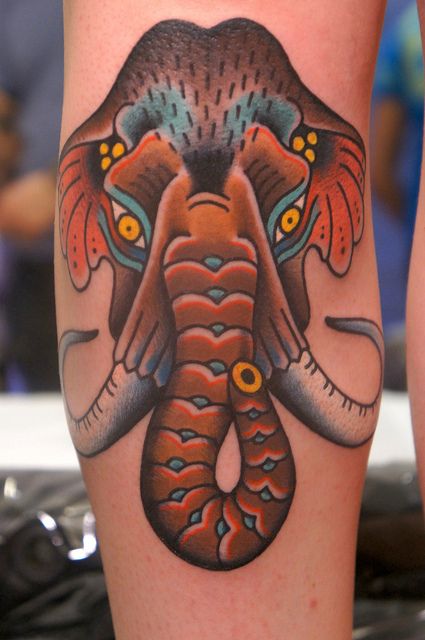 Traditional Elephant Head Tattoo Design For Leg Calf