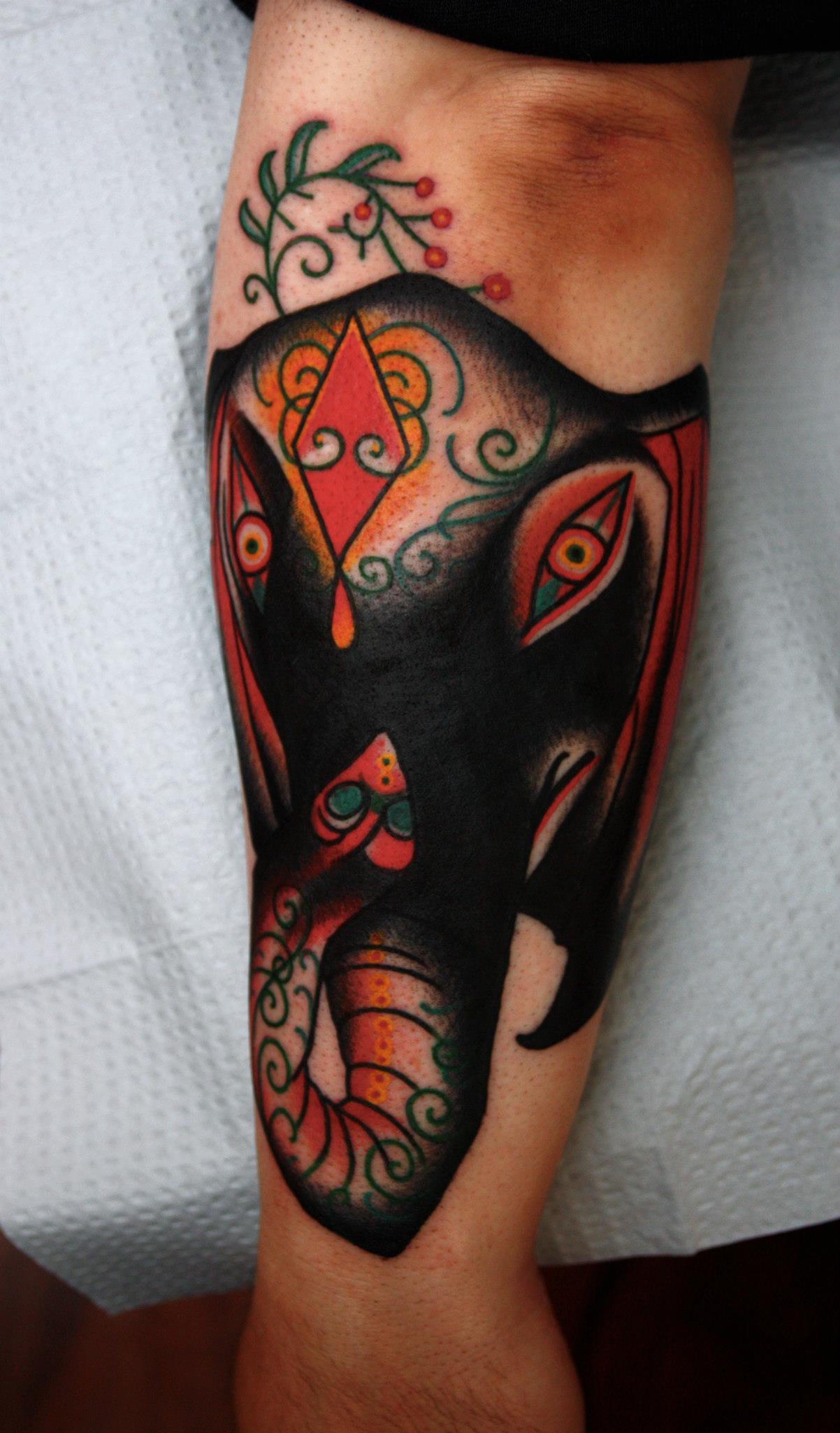 Traditional Elephant Head Tattoo On Arm