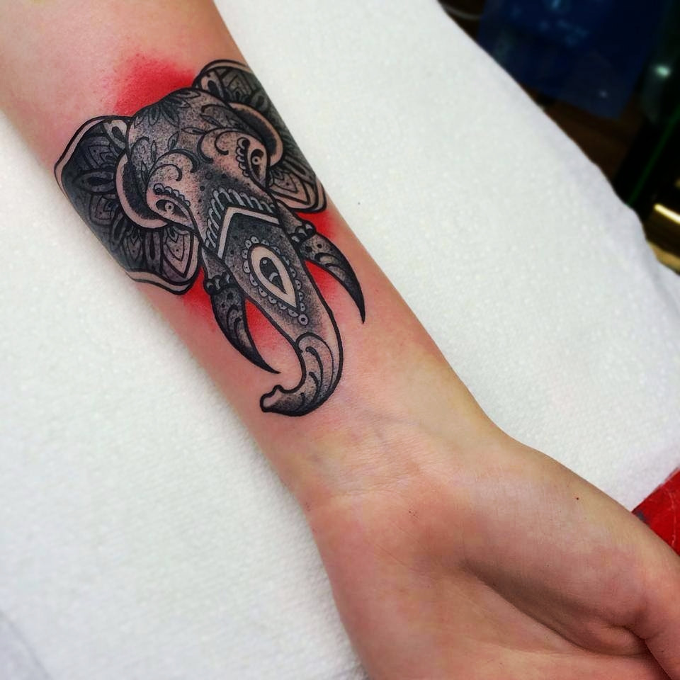 Traditional Elephant Head Tattoo On Forearm By Paulie Surridge